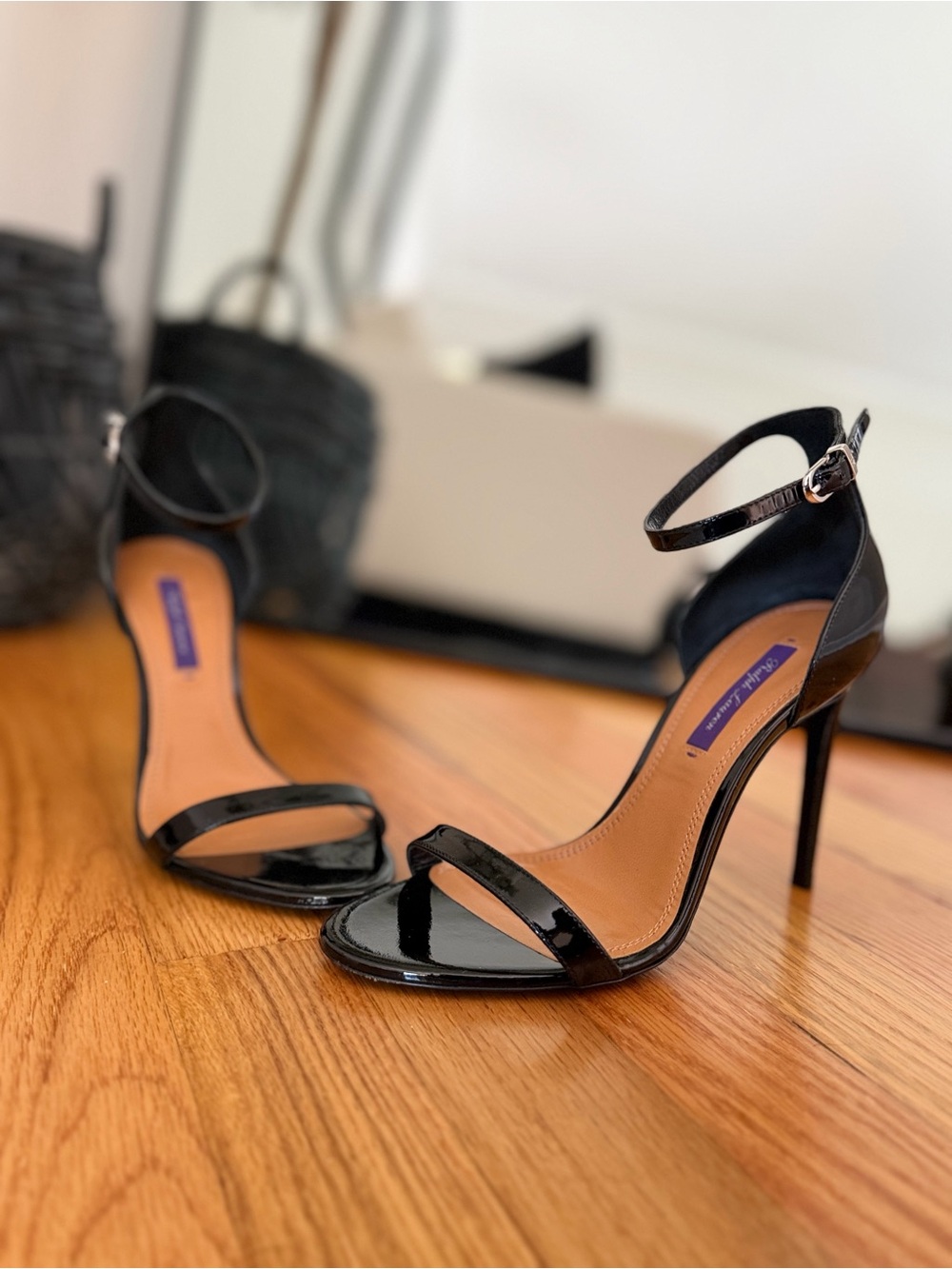 NEW Ralph Lauren Purple Label-Black Patent Ankle-Strap Stiletto Sandals-37B/7